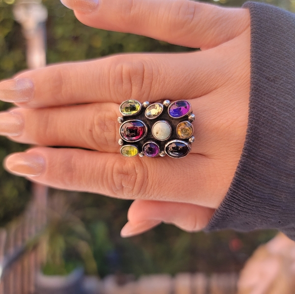 Multi stone Cabochon Bezel Sterling Ring signed - Picture 4 of 5